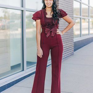 Valentine Ruffled Crochet Lace Burgundy Jumpsuit